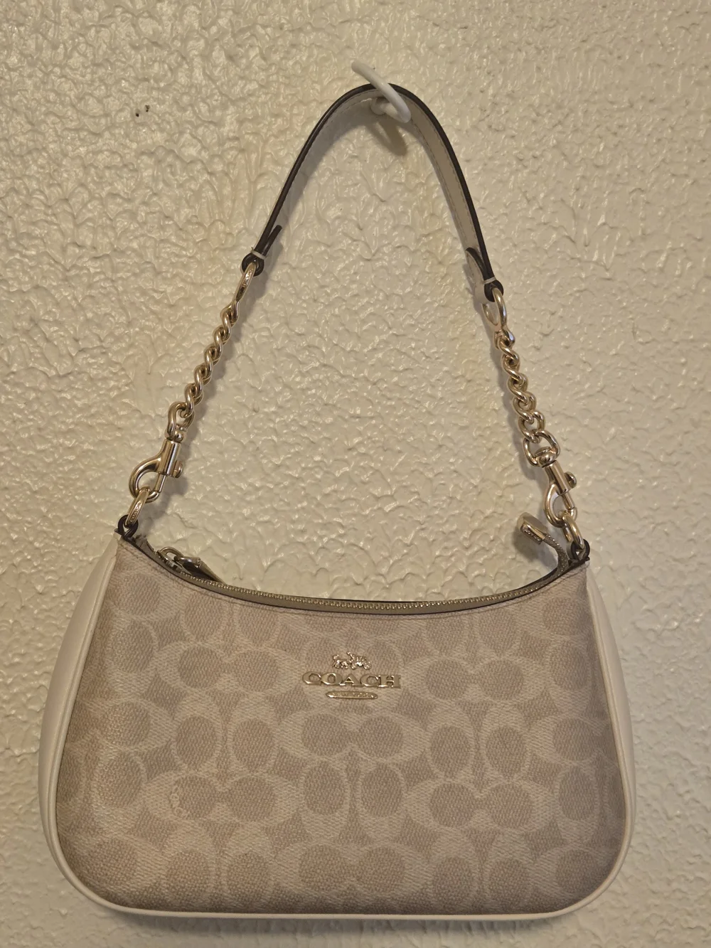 Coach Beige Signature Canvas Mini Shoulder Bag with Gold Chain